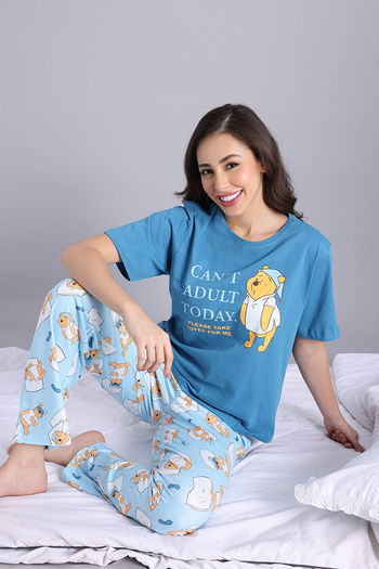 Zivame Winnie the Pooh Knit Cotton Pyjama Set Vivid Blue