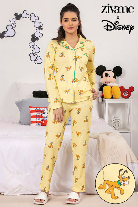 Zivame X Disney Pluto Knit Cotton Pyjama Set Yellow N Print