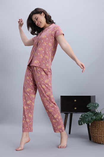 Buy Zivame Knit Cotton Pyjama Set - Ash Rose