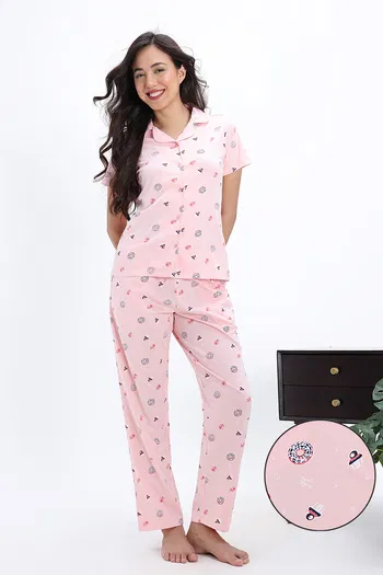 Buy Zivame Knit Cotton Pyjama Set - Crystal Rose