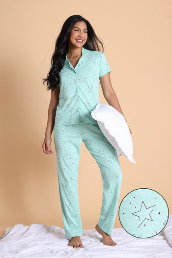 Buy Zivame Knit Cotton Pyjama Set  - Mist Green