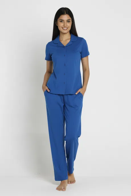 Zivame Knit Cotton Pyjama Set - Navy Peony