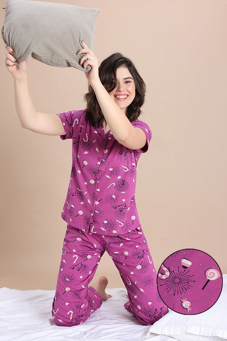 Zivame Knit Cotton Pyjama Set - Purple Orchid