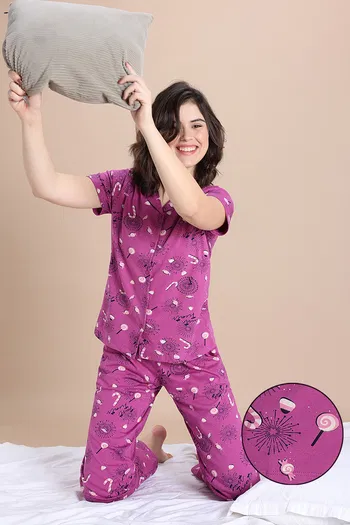 Buy Zivame Knit Cotton Pyjama Set - Purple Orchid
