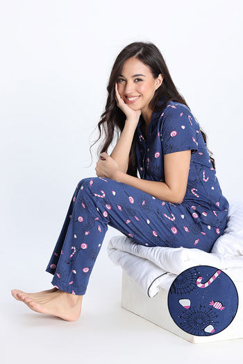 Buy Zivame Knit Cotton Pyjama Set - True Navy