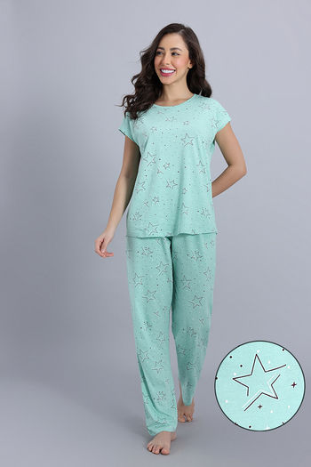 Buy Zivame Starry Whisper Knit Cotton Pyjama Set - Mist Green