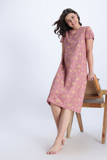 Buy Zivame Knit Cotton Mid Length Nightwear - Ash Rose