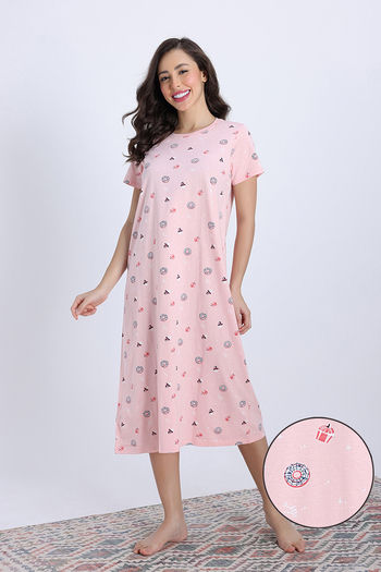 Buy Zivame Knit Cotton Mid Length Nightwear - Crystal Rose