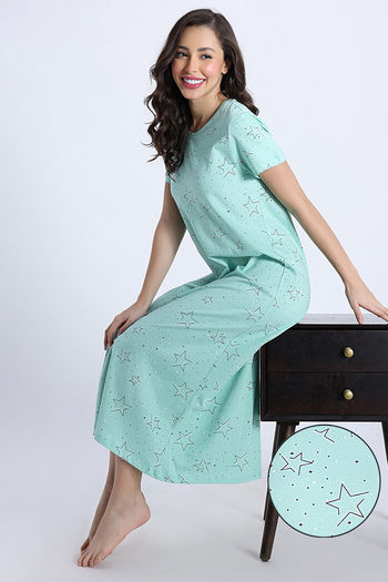 Buy Zivame Knit Cotton Mid Length Nightwear - Mist Green