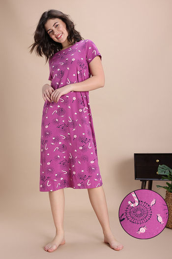 Buy Zivame Knit Cotton Mid Length Nightwear - Orchid Purple