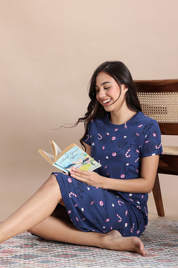 Buy Zivame Knit Cotton Mid Length Nightwear - True Navy