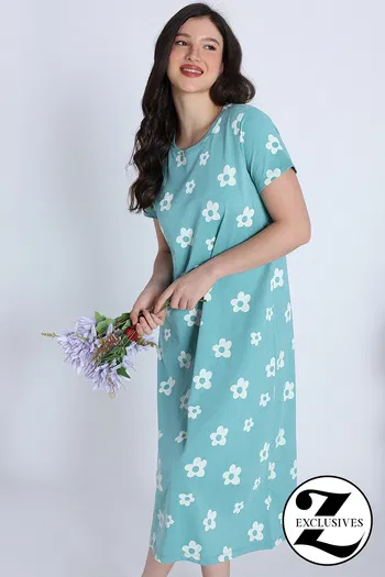 Buy Zivame Knit Cotton Mid Length Nightwear - Wasabi