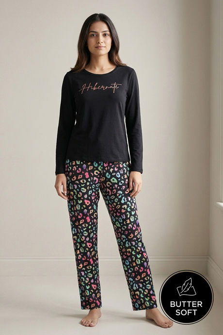 Zivame Buttersoft Knit Poly Pyjama Set - Black Beauty