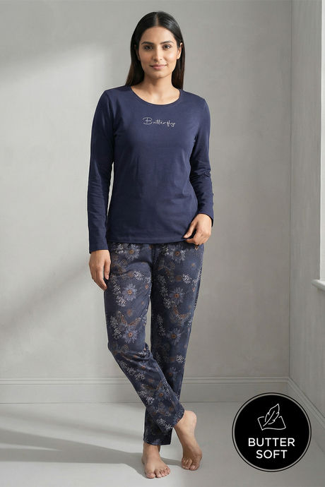 Zivame Buttersoft Knit Poly Pyjama Set - Navy Peony
