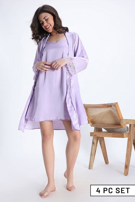 Zivame Luxe Satin 4 Pc Sleep Set - Purple Heat