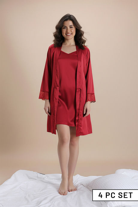 Zivame Luxe Satin 4 Pc Sleep Set - Scarlet Sag