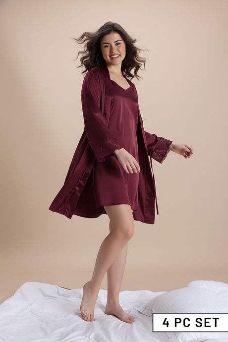 Zivame Luxe Satin 4 Pc Sleep Set - Tawny Port