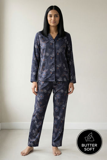 Zivame Buttersoft Knit Poly Pyjama Set - Navy Peony