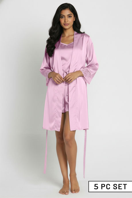 Zivame Luxe Satin 5 Pc Sleep Set - Bridal Rose