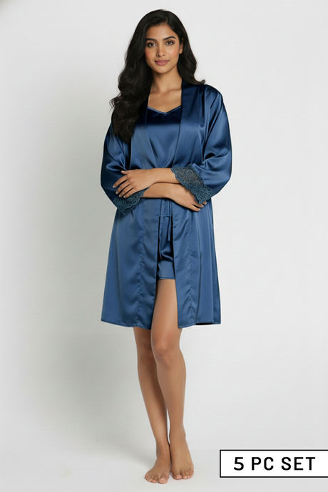 Zivame Luxe Satin 5 Pc Sleep Set - Lyons Blue