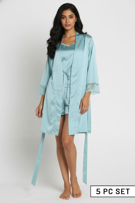 Zivame Luxe Satin 5 Pc Sleep Set - Mist Green