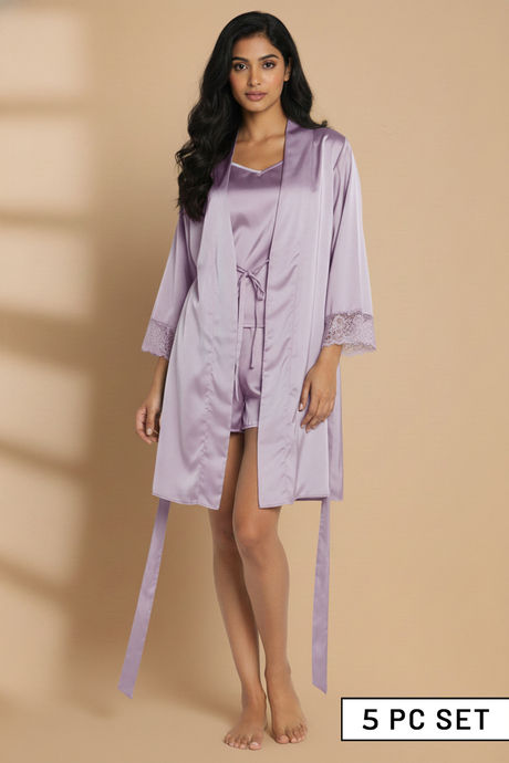 Zivame Luxe Satin 5 Pc Sleep Set - Purple Heat