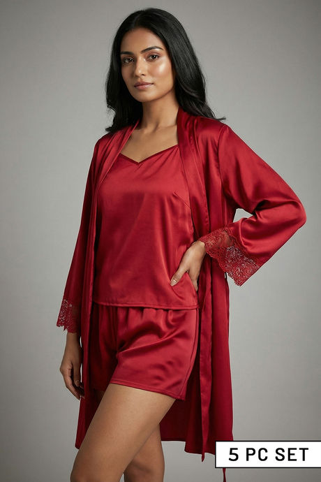 Zivame Luxe Satin 5 Pc Sleep Set - Scarlet Sag