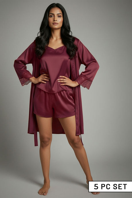 Zivame Luxe Satin 5 Pc Sleep Set - Tawny Port