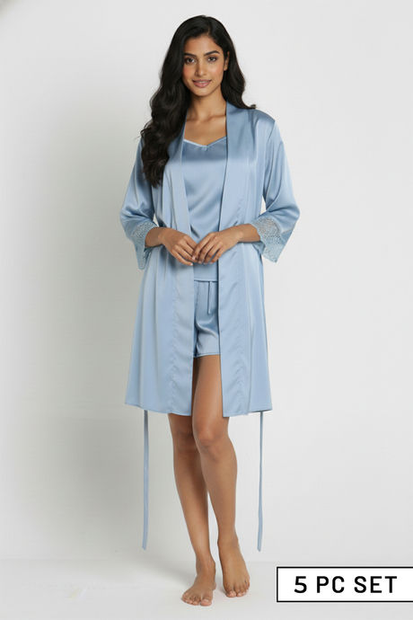Zivame Luxe Satin 5 Pc Sleep Set - Windward Blue
