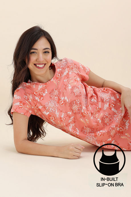 Zivame Knit Cotton Knee Length Nightwear With In Built Slip On Bra - Burnt Coral