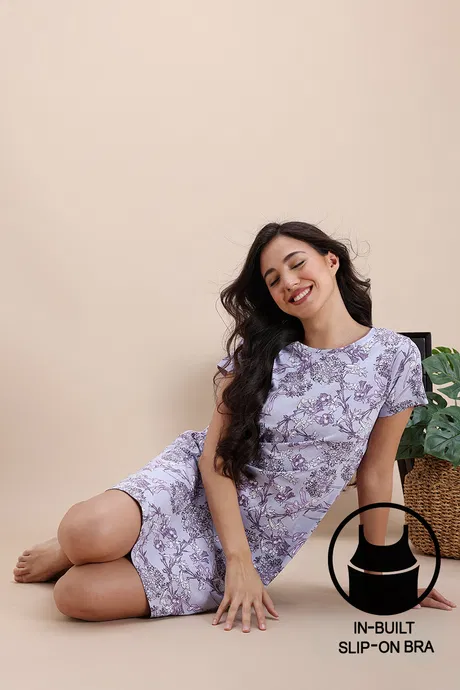Zivame Knit Cotton Knee Length Nightwear With In Built Slip On Bra - Heirloom Lilac