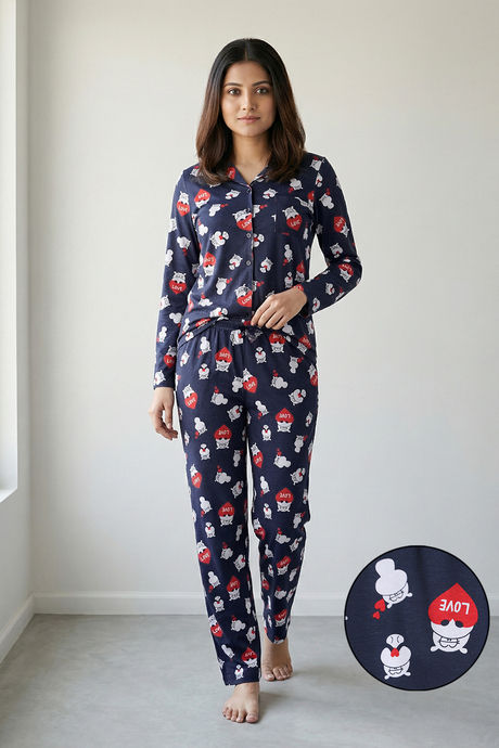 Zivame Knit Cotton Pyjama Set - Black Iris