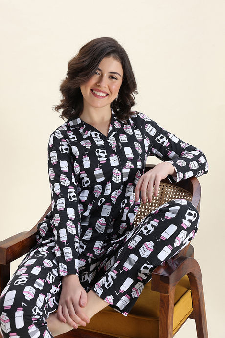 Zivame Knit Cotton Pyjama Set - Jet Black