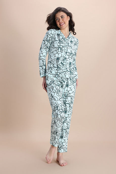 Zivame Knit Cotton Pyjama Set - Opal Blue