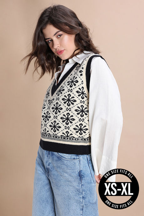Zivame Retro Peek Sleeveless Sweater - Black Floral