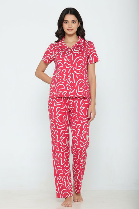 Zivame Knit Cotton Pyjama Set - Mars Red