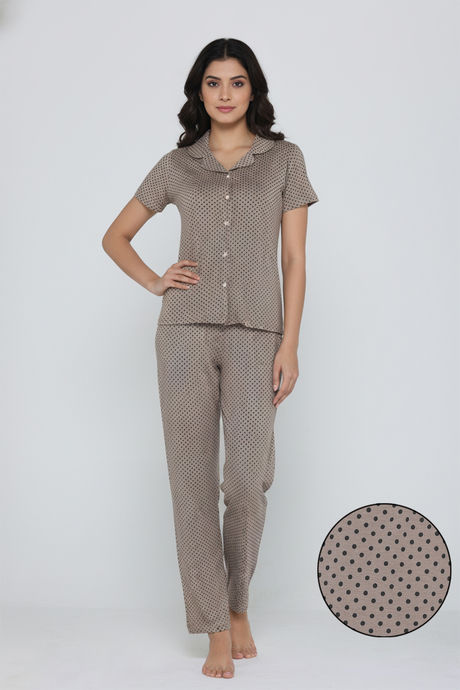 Zivame Knit Cotton Pyjama Set - Sand Dollar