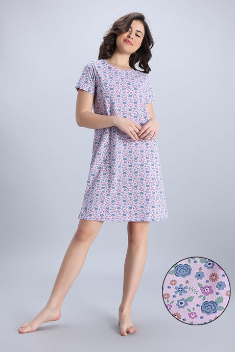Zivame Knit Cotton Mid Length Nightdress - Light Lilac