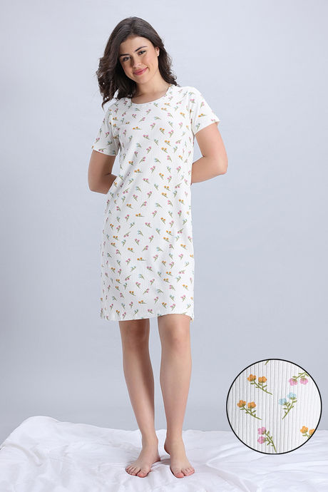Zivame Knit Cotton Mid Length Nightdress - Marshmallow