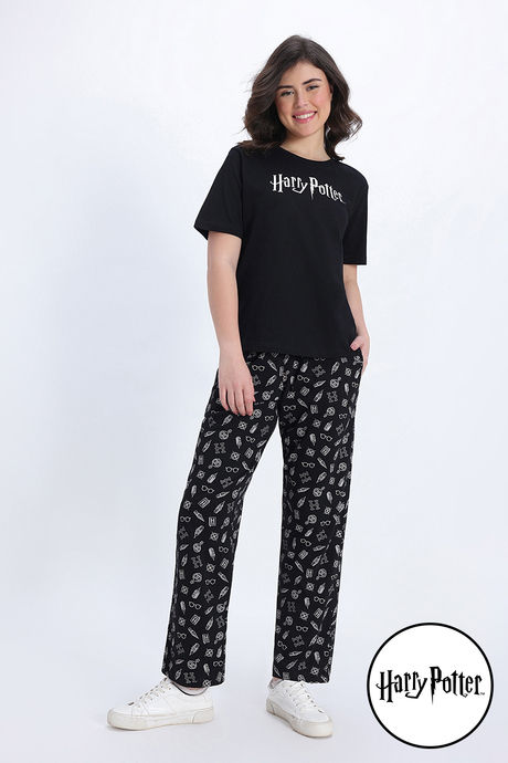 Zivame Harry Potter Knit Cotton Loungewear Set - Black Beauty