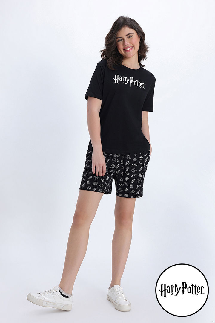 Zivame Harry Potter Knit Cotton Loungewear Set - Black Beauty