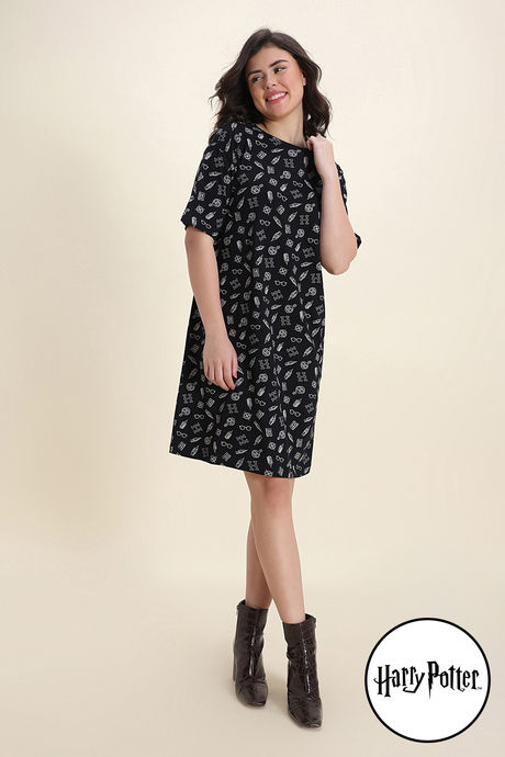 Zivame Harry Potter Knit Cotton Loungewear Dress - Black Beauty