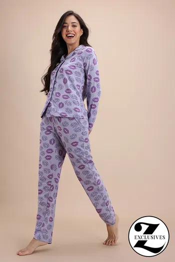 Buy Zivame Knit Cotton Pyjama Set - Wisteria