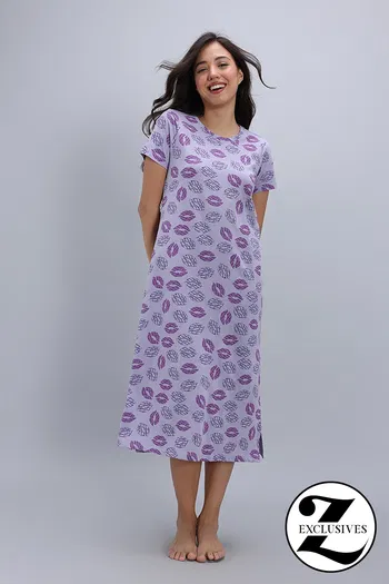 Buy Zivame Knit Cotton Mid Length Nightwear - Wisteria