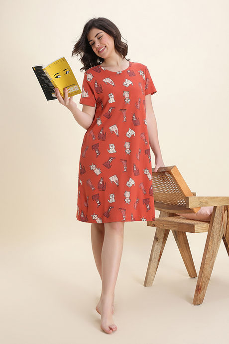 Zivame Knit Cotton Knee Length Nightdress - Orange