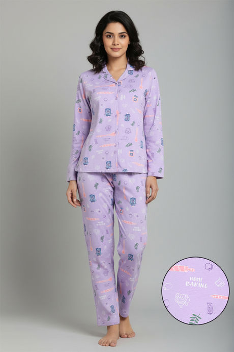 Zivame Knit Cotton Pyjama Set - Lilac Breeze