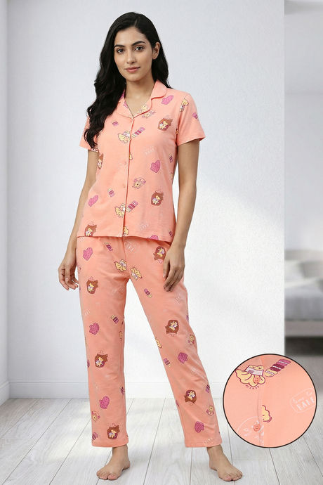 Zivame Farm Lore Knit Cotton Pyjama Set - Peach Pearl