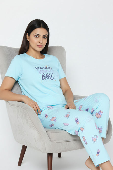 Zivame Farm Lore Knit Cotton Pyjama Set - Gulf Stream