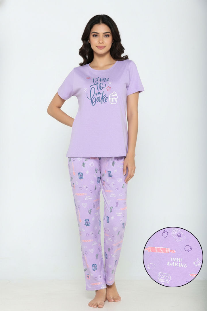 Zivame Farm Lore Knit Cotton Pyjama Set - Lilac Breeze