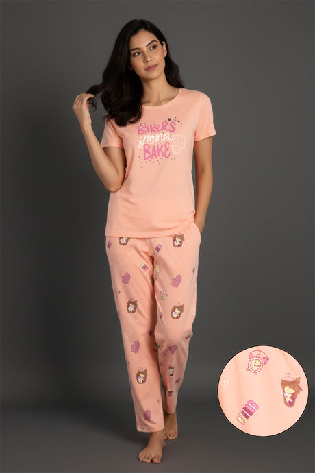 Zivame Farm Lore Knit Cotton Pyjama Set - Peach Pearl